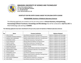 Shortlist for Pre-Entry Exams Under the Diploma Entry Scheme