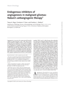 Endogenous Inhibitors of Angiogenesis in Malignant Gliomas: Nature’S Antiangiogenic Therapy1