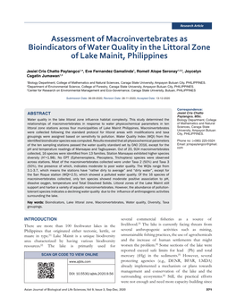 Assessment of Macroinvertebrates As Bioindicators of Water Quality in the Littoral Zone of Lake Mainit, Philippines