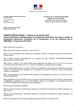 ARRETE PREFECTORAL N° 488 Du 19 Novembre 2012