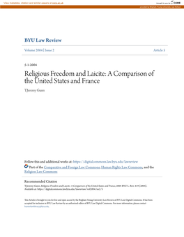 Religious Freedom and Laicite: a Comparison of the United States and France T.Jeremy Gunn