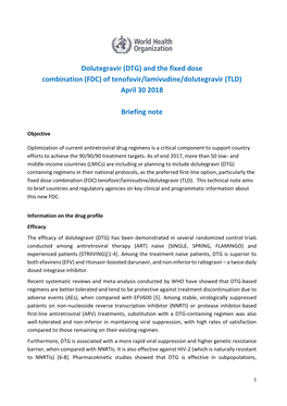 Of Tenofovir/Lamivudine/Dolutegravir (TLD) April 30 2018 Briefing Note