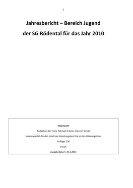 Jahresbericht – Bereich Jugend Der SG Rödental Für Das Jahr 2010