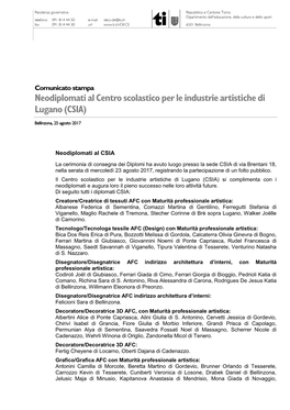 Neodiplomati Al Centro Scolastico Per Le Industrie Artistiche Di Lugano (CSIA)