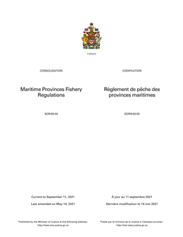 Maritime Provinces Fishery Regulations Règlement De Pêche Des Provinces Maritimes TABLE of PROVISIONS TABLE ANALYTIQUE