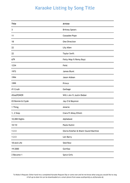 Karaoke Listing by Song Title