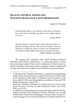 Quacks and Real Americans: Solomon Schechter's Anti-Mormonism