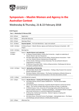 Symposium – Muslim Women and Agency in the Australian Context Wednesday & Thursday, 21 & 22 February 2018