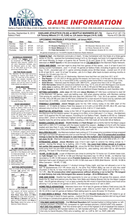Mariners Game Notes • Sunday • September 9, 2012 • Vs