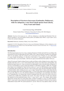 Description of Gaertnera Luteocarpa (Gentianales: Rubiaceae), with Two Subspecies, a New Forest Shrub Species from Liberia, Ivory Coast and Ghana