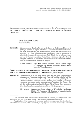 La Jornada De La Reina Mariana De Austria a España: Divergencias Políticas Y Tensión Protocolar En El Seno De La Casa De Austria (1648-1649)