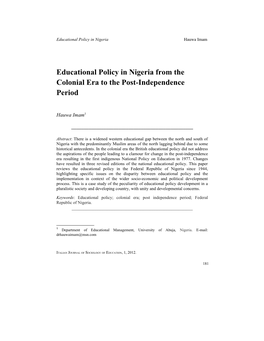 Educational Policy in Nigeria from the Colonial Era to the Post-Independence Period