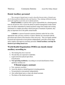 Dental Auxiliary Personnel World Health Organization (WHO) Can