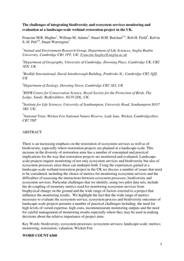 The Challenges of Integrating Biodiversity and Ecosystem Services Monitoring and Evaluation at a Landscape-Scale Wetland Restoration Project in the UK