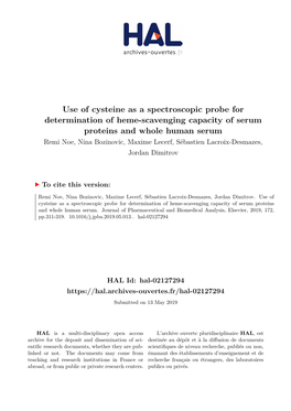 Use of Cysteine As a Spectroscopic Probe for Determination of Heme-Scavenging Capacity of Serum Proteins and Whole Human Serum