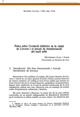 Notes Sobre L'evolució Històrica De La Ciutat De Cervera I El Procés De Transformació Del Nucli Urbà