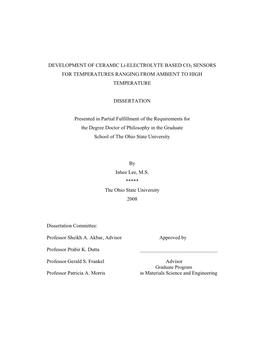 DEVELOPMENT of CERAMIC Li-ELECTROLYTE BASED CO2 SENSORS for TEMPERATURES RANGING from AMBIENT to HIGH TEMPERATURE