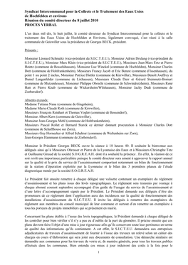 Syndicat Intercommunal Pour La Collecte Et Le Traitement Des Eaux Usées De Hochfelden Et Environs Réunion Du Comité Directeur Du 8 Juillet 2010 PROCES VERBAL