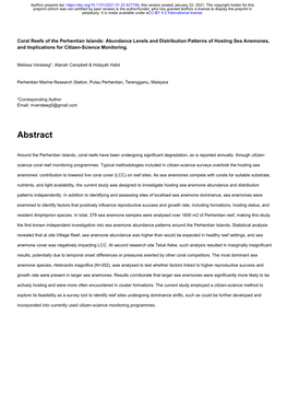 Coral Reefs of the Perhentian Islands: Abundance Levels and Distribution Patterns of Hosting Sea Anemones, and Implications for Citizen-Science Monitoring