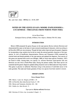 Notes on the Genus Euaspa Moore (Papilionoidea : L Ycaenidae : Theclinae) from North -West India