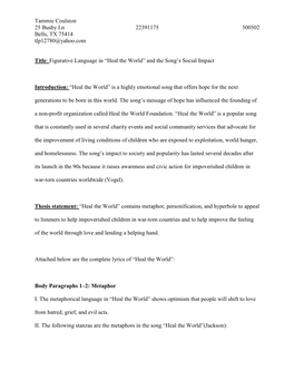 Tammie Coulston 25 Busby Ln 22391175 500502 Bells, TX 75414 Tlp12780@Yahoo.Com Title: Figurative Language in “Heal the World I