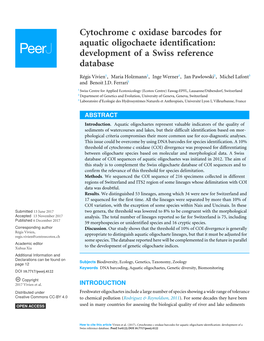 Cytochrome C Oxidase Barcodes for Aquatic Oligochaete Identification: Development of a Swiss Reference Database