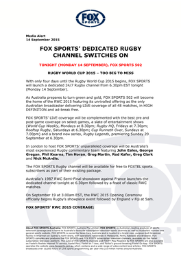 Fox Sports' Dedicated Rugby Channel Switches On