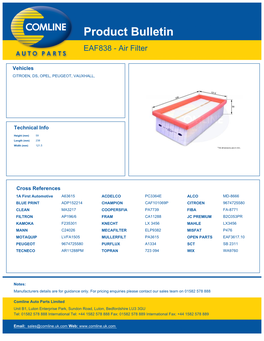 Product Bulletin EAF838 - Air Filter