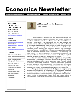 Economics Newsletter Department of Economics Rutgers University Number 46 New Series Summer 2007