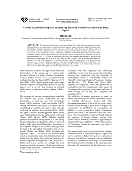 Activity of Zymomonas Species in Palm- Sap Obtained