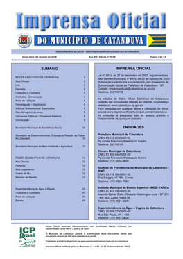 PREFEITURA DO MUNICIPIO DE CATANDUVA SECRETARIA MUNICIPAL DE MEIO AMBIENTE E AGRICULTURA Patrulha Ambiental EDITAL De AUTUAÇÃO