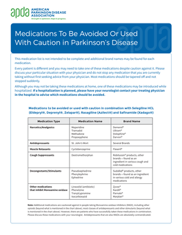 Medications to Be Avoided Or Used with Caution in Parkinson's Disease