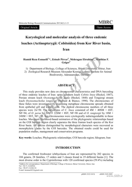 Karyological and Molecular Analysis of Three Endemic Loaches (Actinopterygii: Cobitoidea) from Kor River Basin, Iran