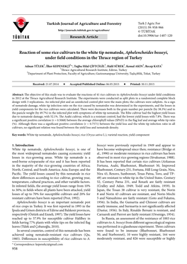 Reaction of Some Rice Cultivars to the White Tip Nematode, Aphelenchoides Besseyi, Under Field Conditions in the Thrace Region of Turkey