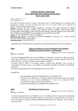 Compte Rendu Sommaire CM Du 31 Août 2017.Doc Page 1 Sur 5