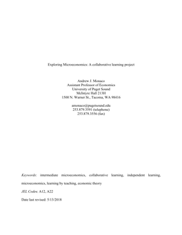 Exploring Microeconomics: a Collaborative Learning Project Andrew J. Monaco Assistant Professor of Economics University of Puget