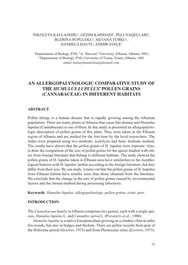 An Allergopalynologic Comparative Study of the Humulus Lupulus’ Pollen Grains (Cannabaceae) in Different Habitats