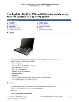 New Topseller Thinkpad T500 and W500 Series Models Feature Microsoft Windows Vista Operating System