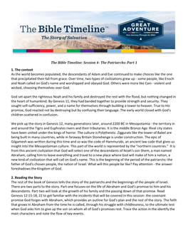 The Bible Timeline: Session 4- the Patriarchs: Part 1 1. the Context As