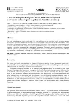 A Revision of the Genus Bombyciella Draudt, 1950, with Description of a New Species and a New Genus (Lepidoptera, Noctuidae: Xyleninae)