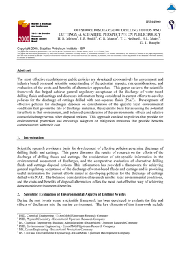 Offshore Discharge of Drilling Fluids and Cuttings -A Scientific Perspective on Public Policy H