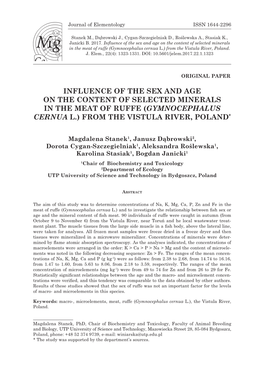 Influence of the Sex and Age on the Content of Selected Minerals in the Meat of Ruffe (Gymnocephalus Cernua L.) from the Vistula River, Poland