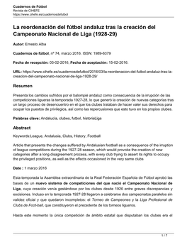 La Reordenación Del Fútbol Andaluz Tras La Creación Del Campeonato Nacional De Liga (1928-29)