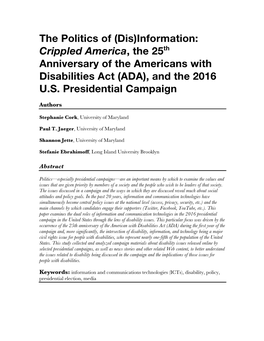 The Politics of (Dis)Information: Crippled America, the 25Th Anniversary of the Americans with Disabilities Act (ADA), and the 2016 U.S