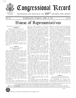 Congressional Record United States Th of America PROCEEDINGS and DEBATES of the 105 CONGRESS, FIRST SESSION