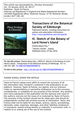 Transactions of the Botanical Society of Edinburgh III. Sketch of the Botany of Lord Howe's Island