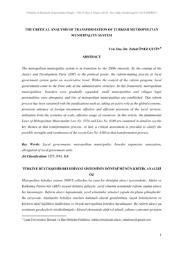 The Critical Analysis of Transformation of Turkish Metropolitan Municipality System