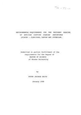 Environmental Requirements for the Hatchery Rearing of African Catfish Clarias Gariepinus (Pisces : Clariidae) Larvae and Juveniles