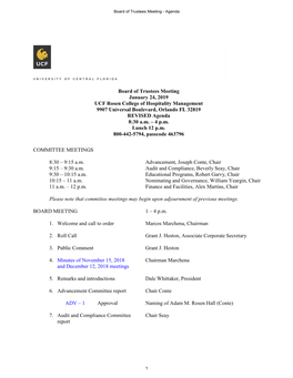 Board of Trustees Meeting January 24, 2019 UCF Rosen College of Hospitality Management 9907 Universal Boulevard, Orlando FL 32819 REVISED Agenda 8:30 A.M