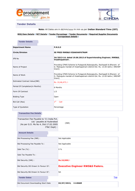 Tender Details Executive Engineer RWS&S Paderu